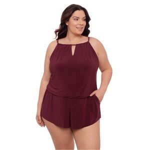 Aqua Green Women's Keyhole Blouson Romper Currant Red One Piece Swimsuit 2X